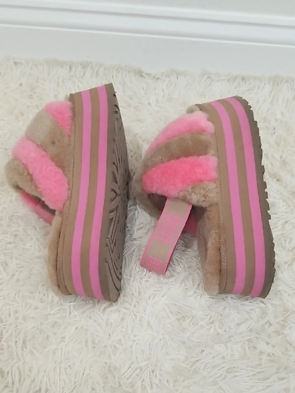 UGG Pink & Beige Fuzzy Platform Slide Sandals